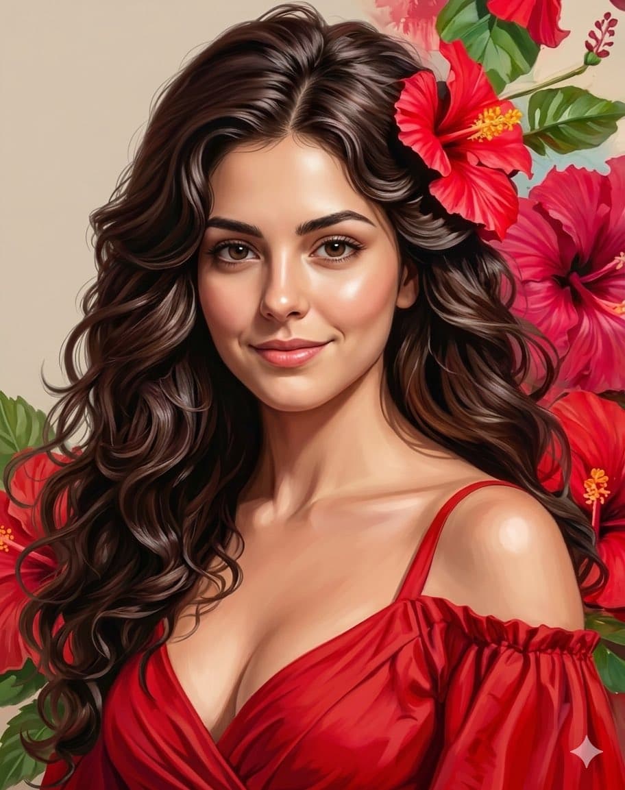 Hyper-realistic portrait of a woman with hibiscus