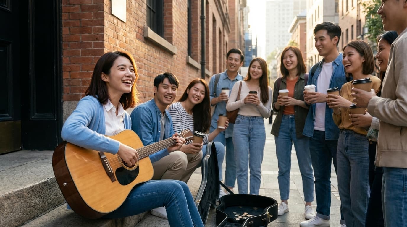 Street Musician Playing Guitar on Steps
