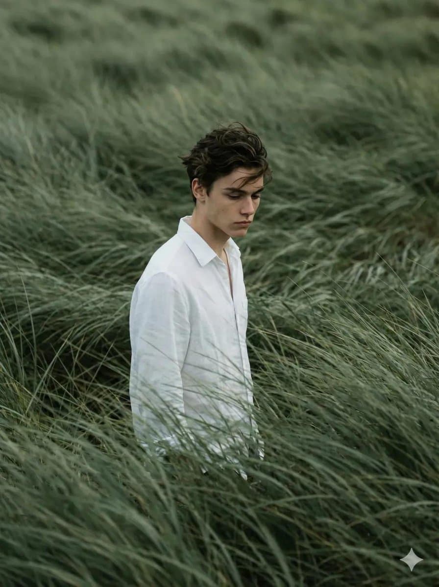 Cinematic Editorial Portrait in Sage Green Fields