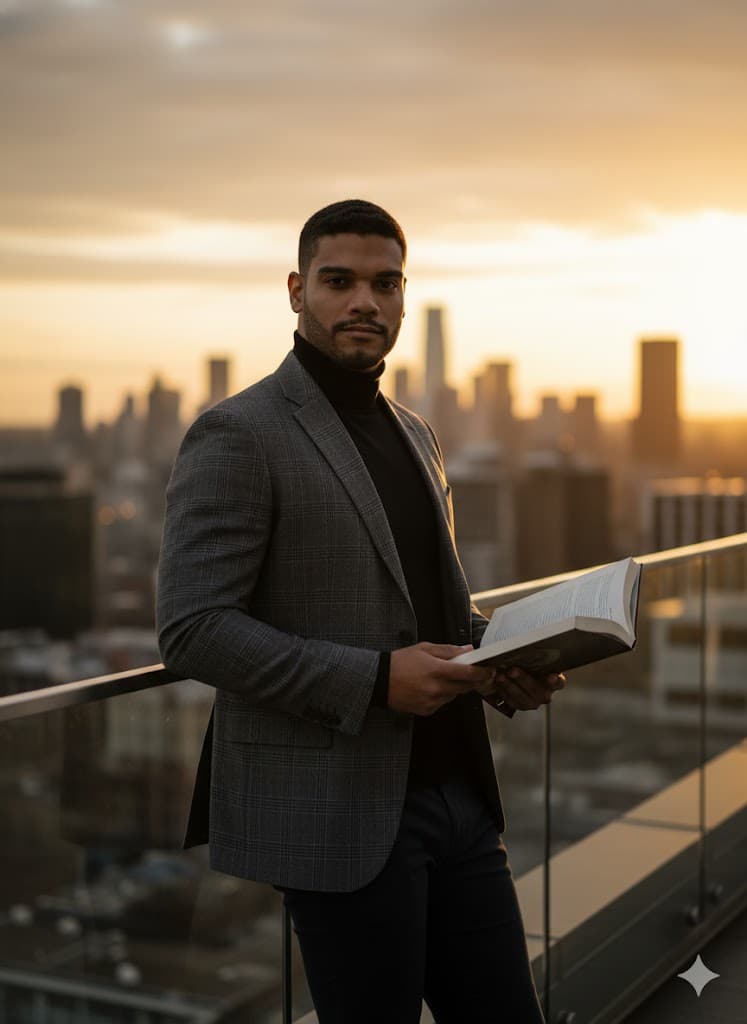 Stylish Man on Urban Terrace at Sunset