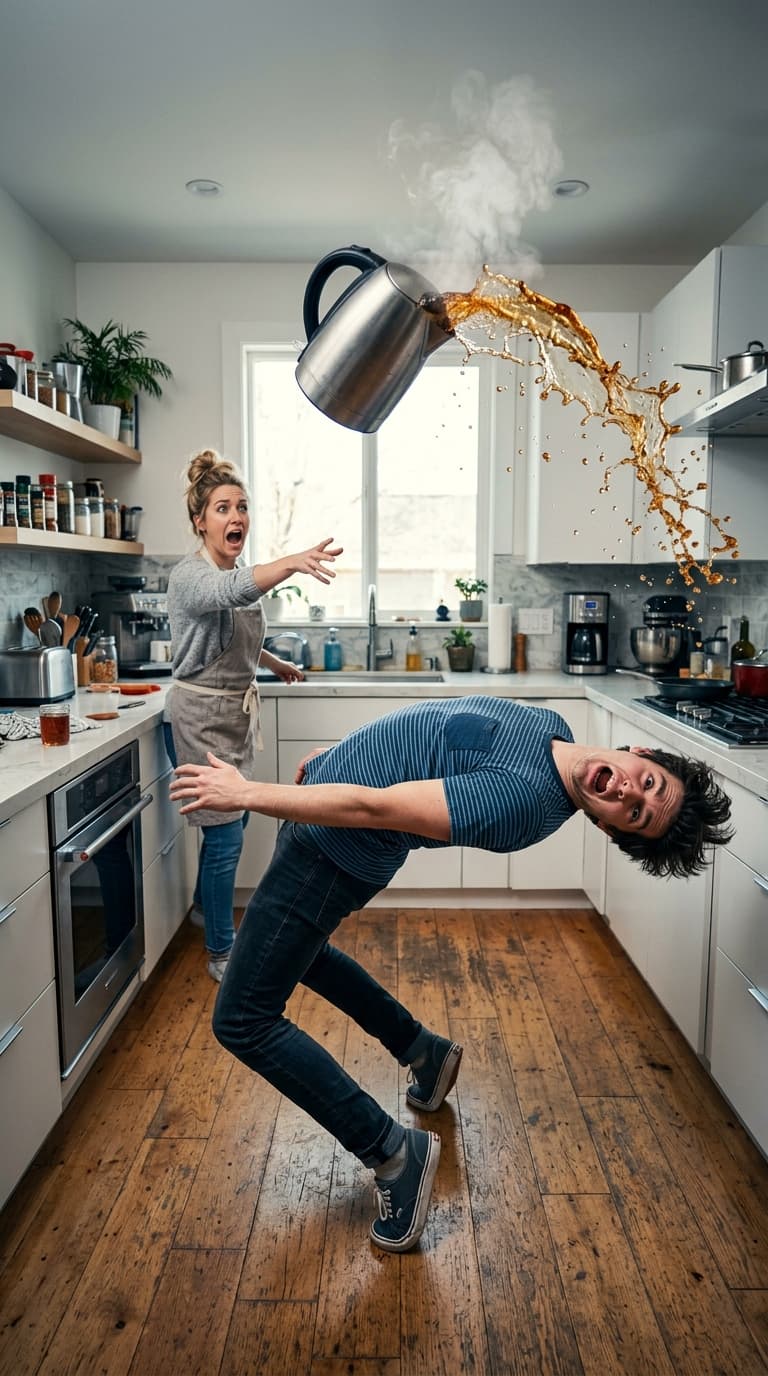 Surreal Kitchen Dodge with Flying Kettle