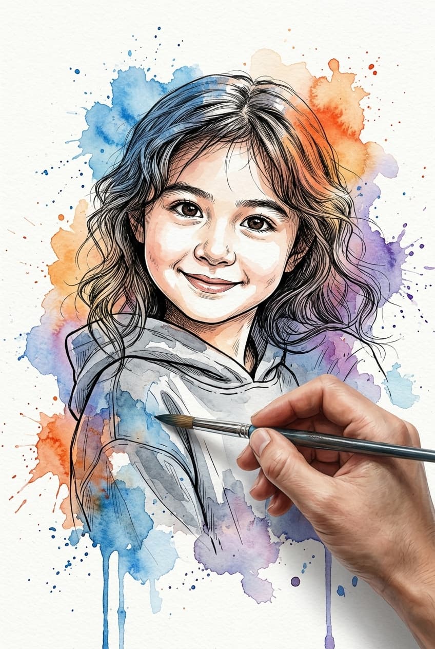 Watercolor Portrait with Dynamic Paint Splashes