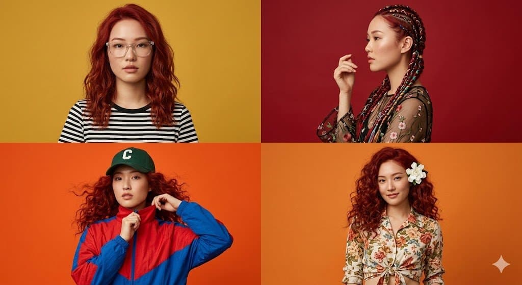 Four-Panel Fashion Collage with Red-Haired Woman