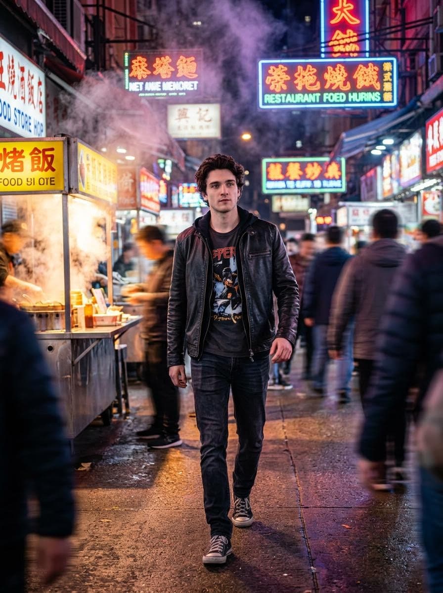 Cinematic Night Street Market Portrait