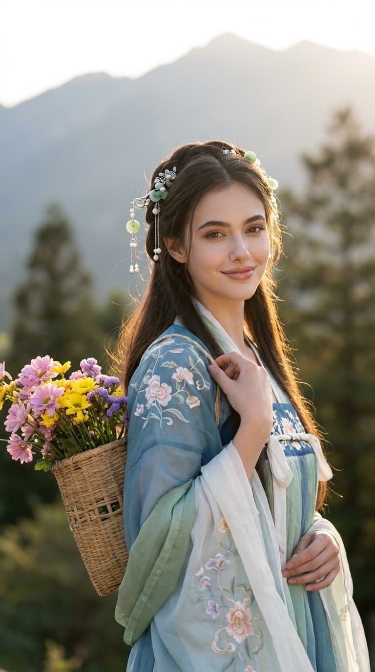Ultra-realistic Hanfu Portrait with Flower Basket