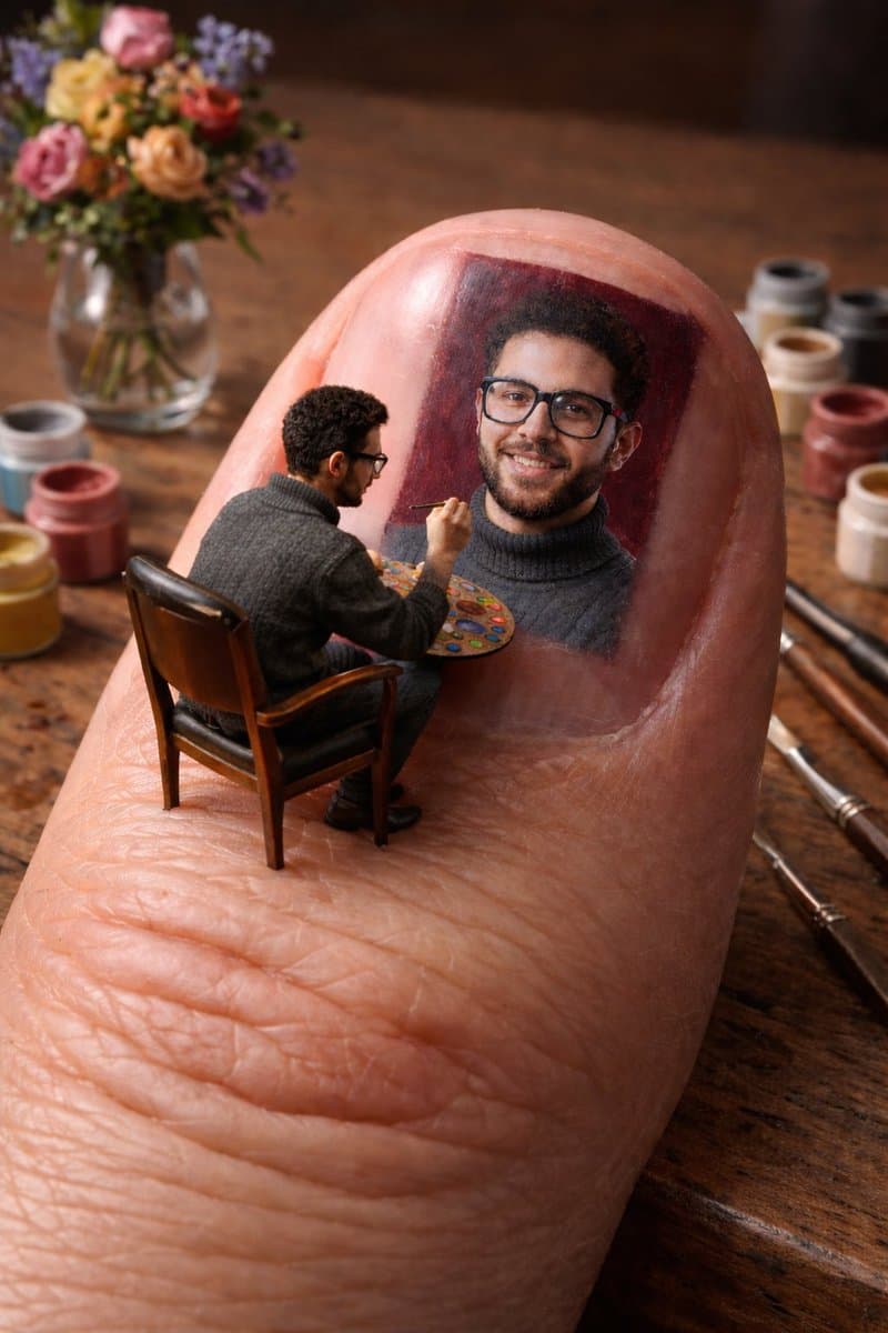 Miniature Artist Painting on Giant Fingernail