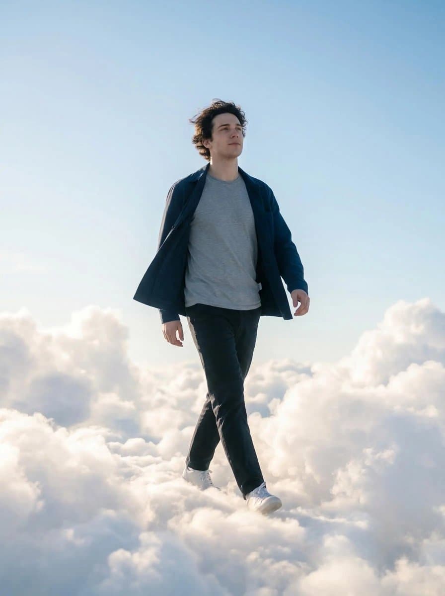 Person Walking Through Glowing Clouds, Cinematic Photo
