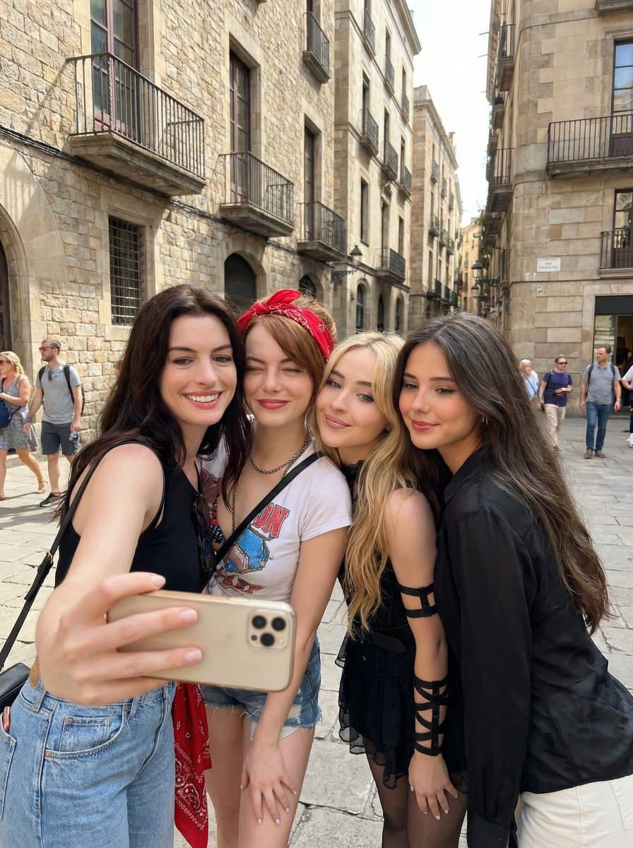 Four Young Women Taking a Group Selfie Outdoors