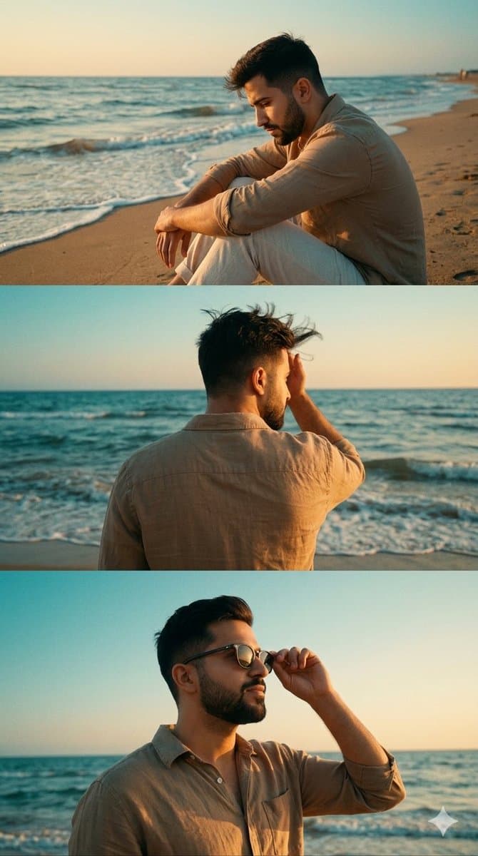 Cinematic Beach Portrait: Stylish Man at Golden Hour