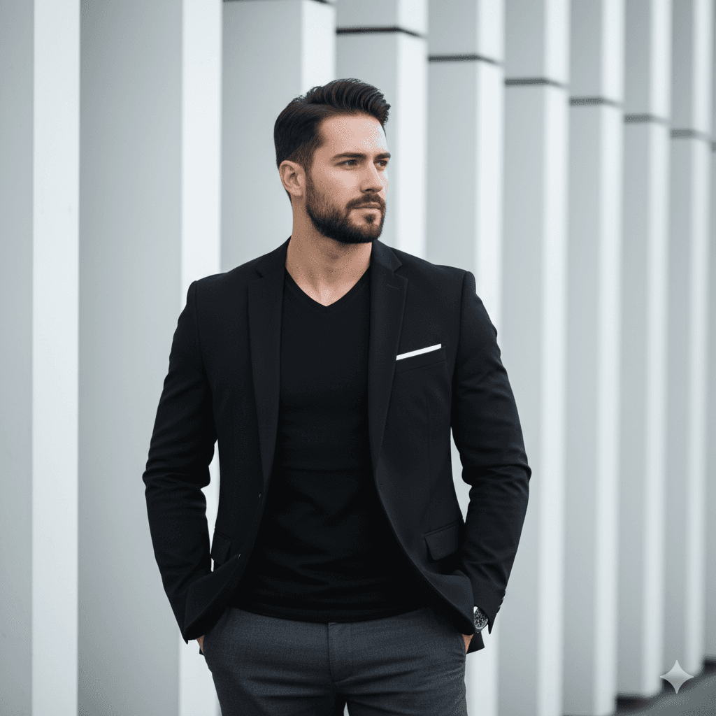 Handsome Man in Black Blazer, Modern Architectural Backgroun