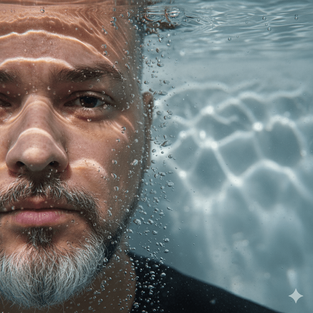 Hyper-realistic underwater portrait, left half of face