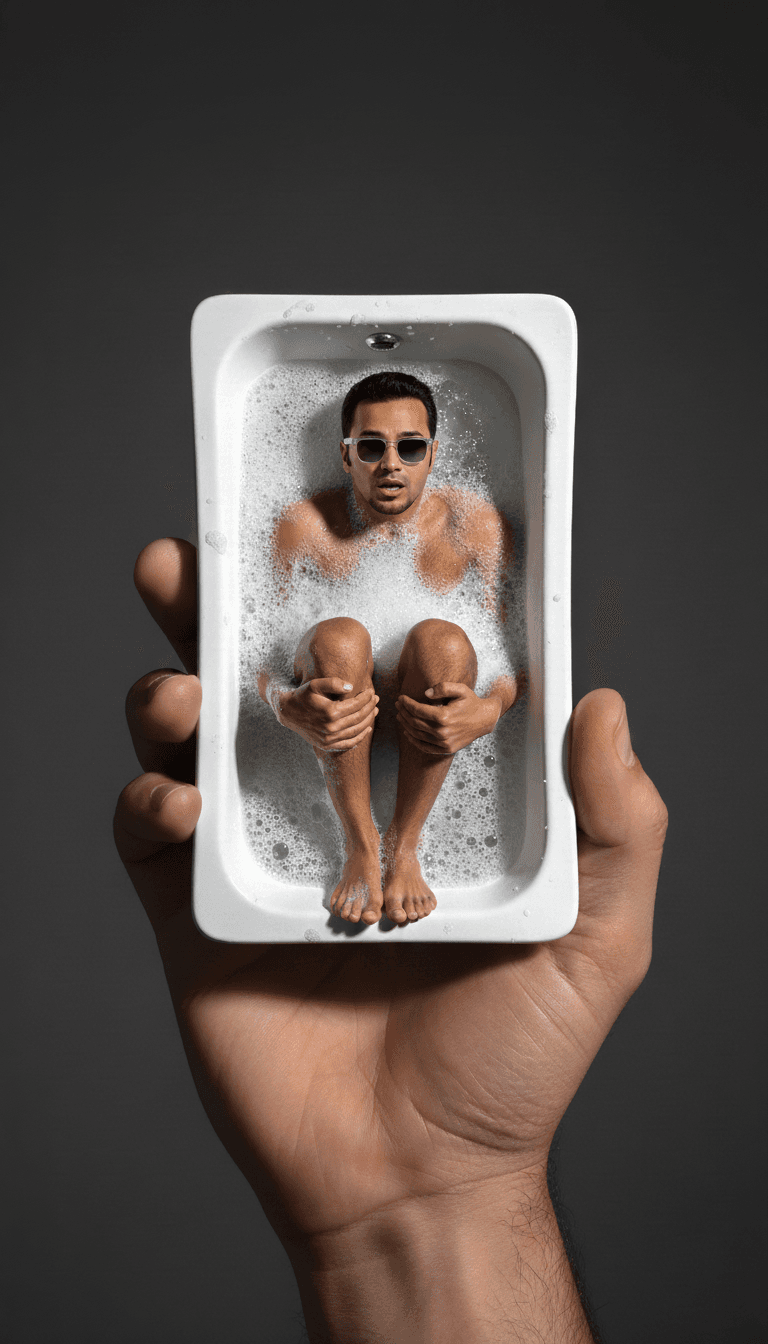 Miniature Man in Bathtub Held by Giant Hand