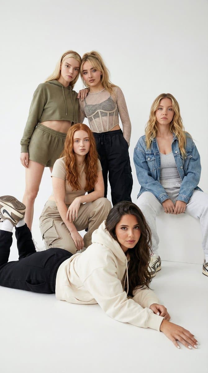 Five Young Women in Modern Streetwear Studio Portrait