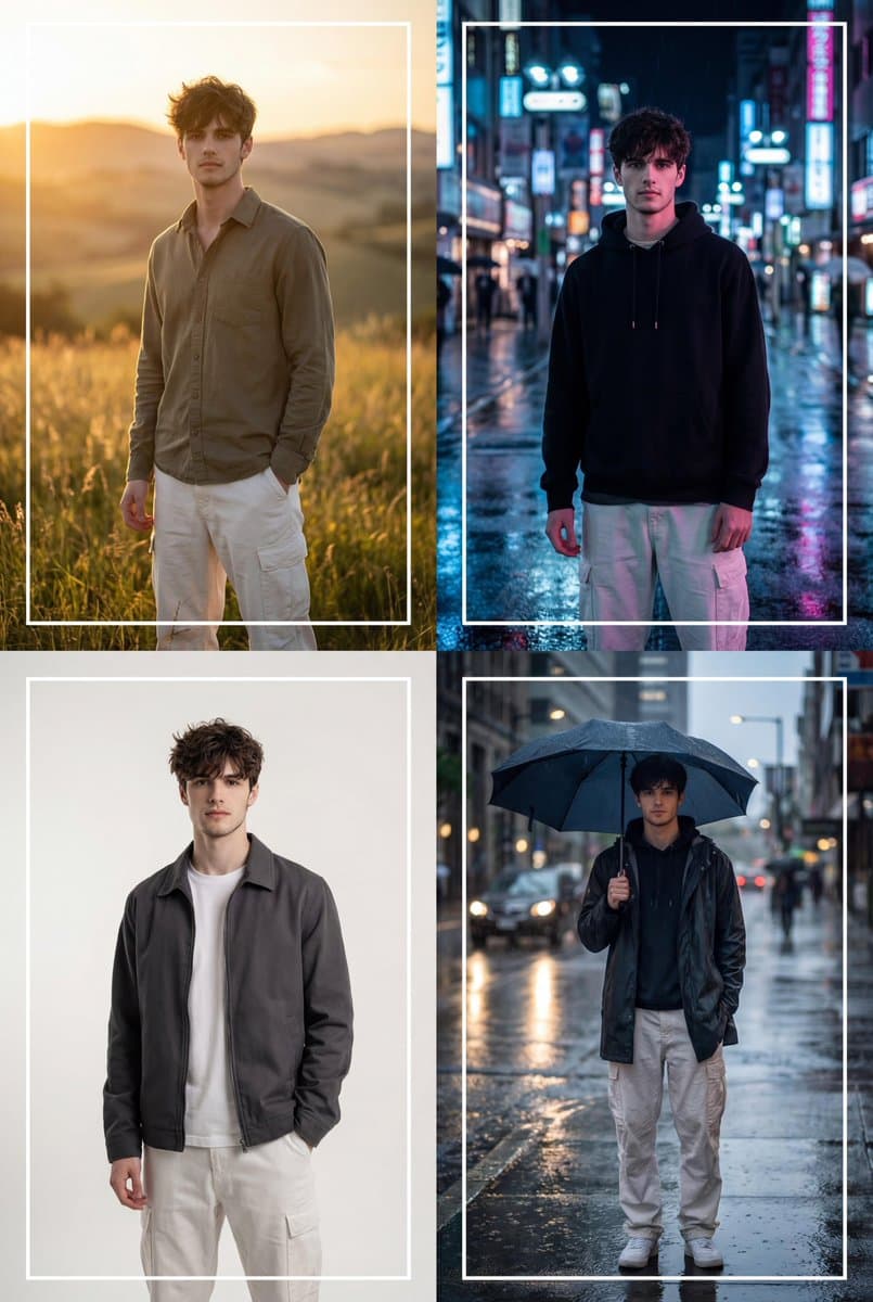 Cinematic 2x2 Grid Portrait: Environments and Moods