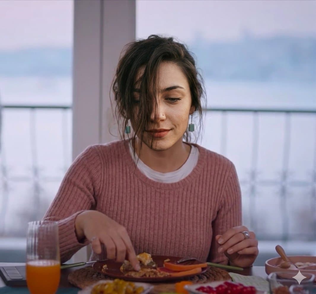 Woman Eating Breakfast on Balcony, Misty Coastline
