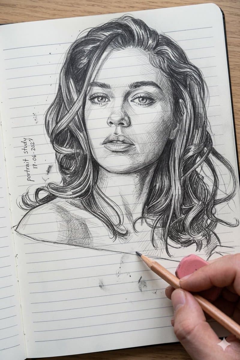 Pencil Sketch of a Face on a Notebook Page