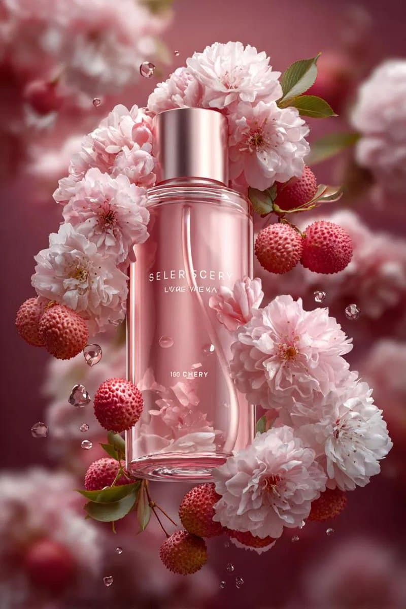 Prompt1 : 3D floating cosmetic bottle, gradient from juicy s