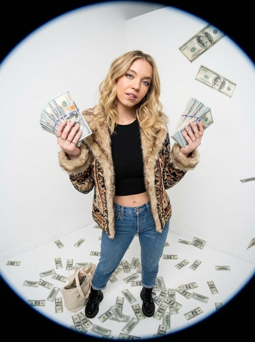 Fisheye Portrait of Woman in Cash-Filled Studio
