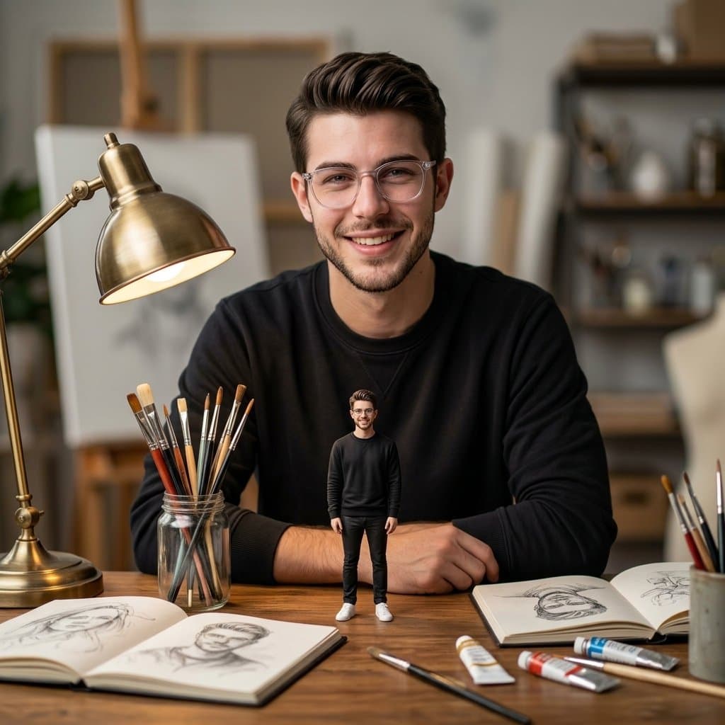 Cinematic Portrait with Miniature Self in Art Studio