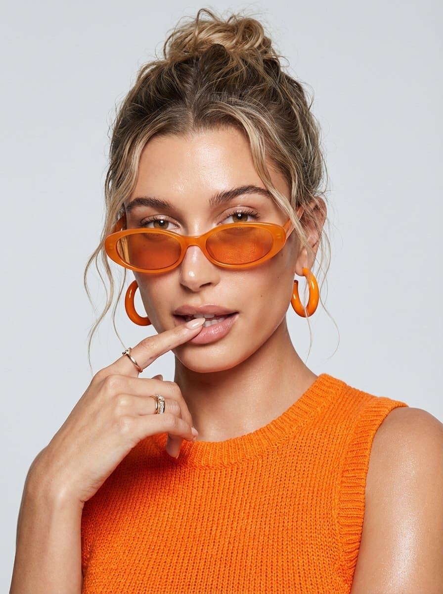 Playful Orange Fashion Portrait with Sunglasses