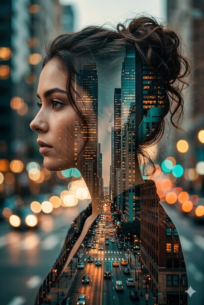 Cinematic Double Exposure Portrait of Actress in City