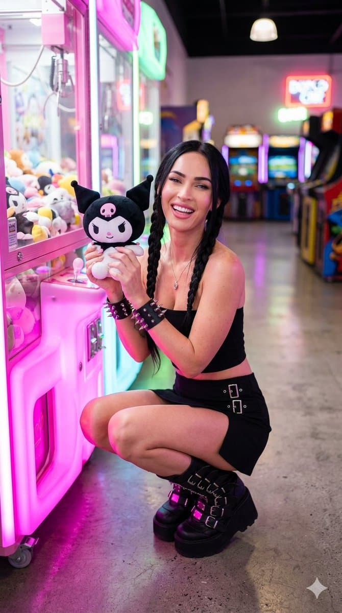 Millie Bobby Brown in Neon Arcade with Kuromi Plushie