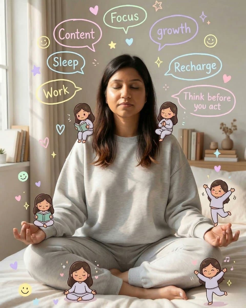 Woman Meditating with Chibi Selves and Pastel Doodles