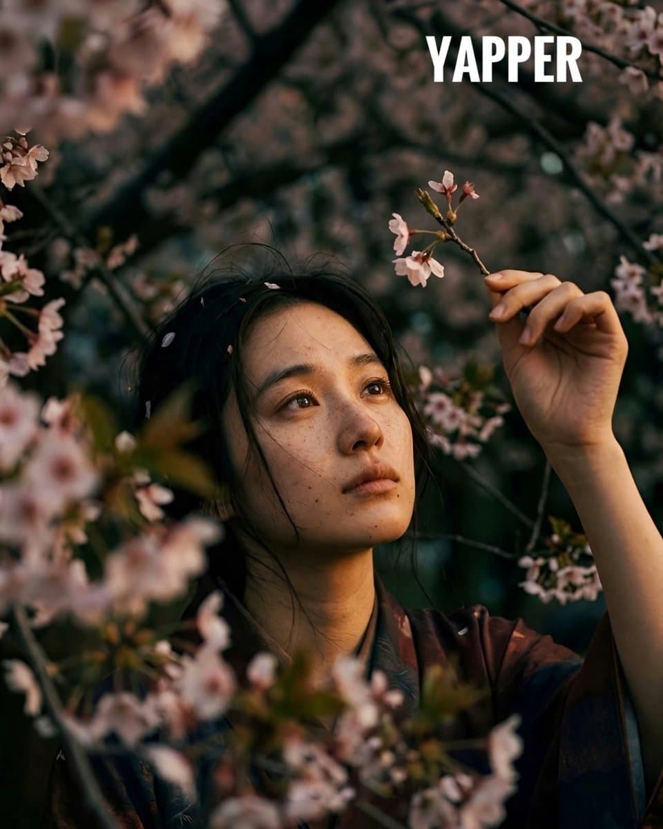 Melancholic Woman in Kimono Under Cherry Blossoms