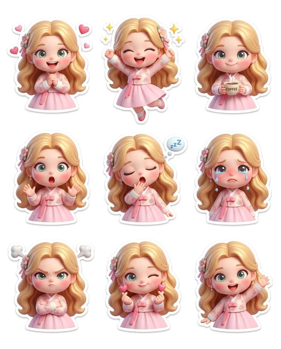 Pixar-style Chibi Doll Sticker Sheet