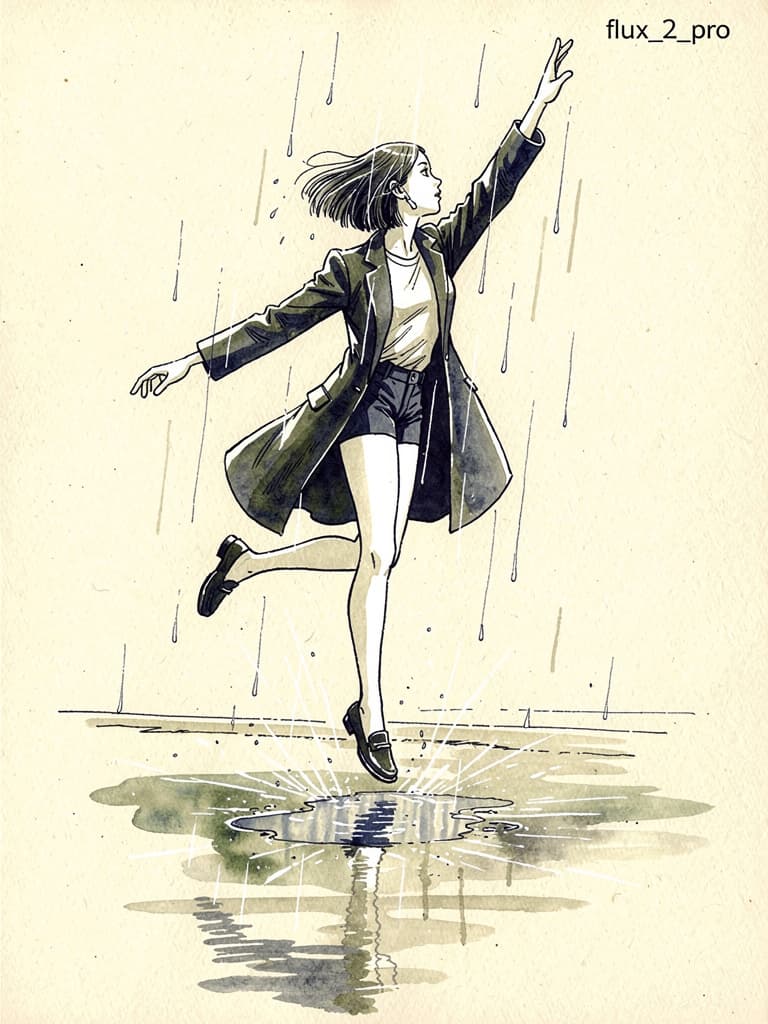 Woman Jumping in Puddle on Rainy Night, Watercolor Ink
