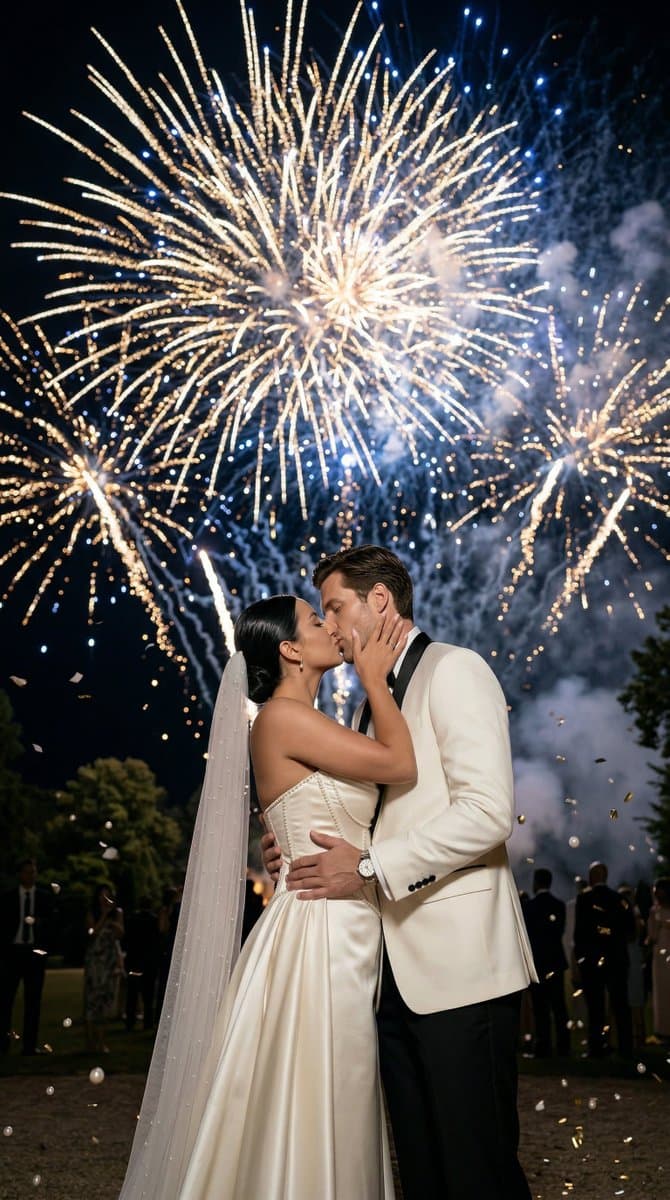 Cinematic Wedding Kiss with Epic Fireworks
