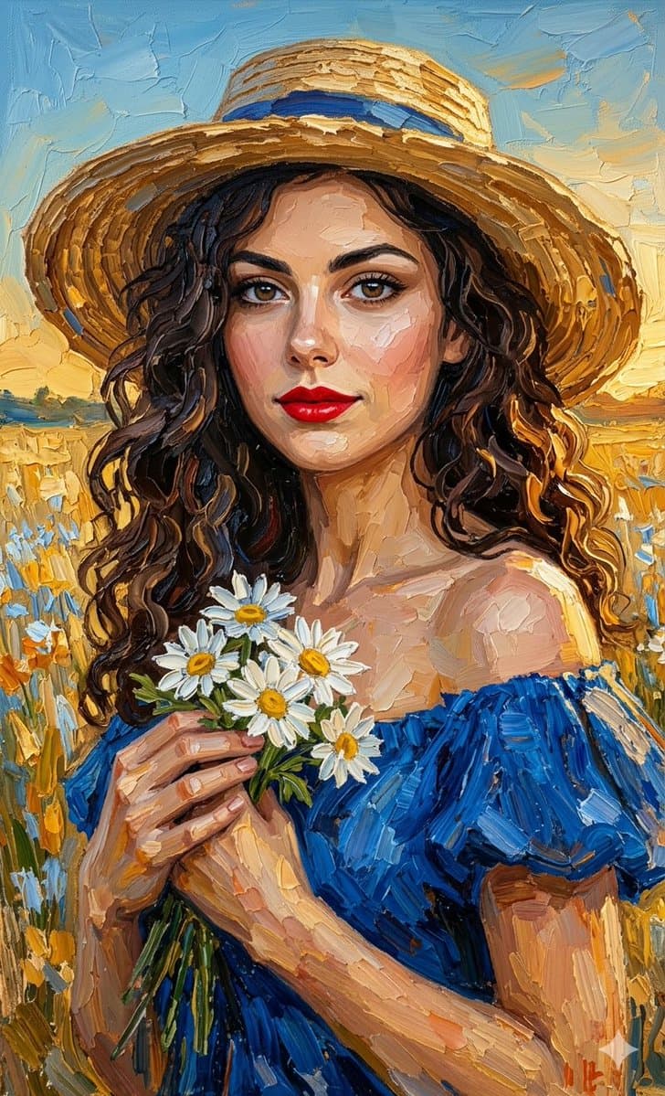 Impasto Oil Painting Portrait of a Woman in a Straw Hat