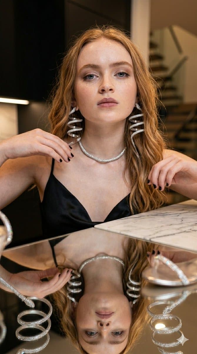 Glamorous Woman in Black Slip Dress on Marble Counter