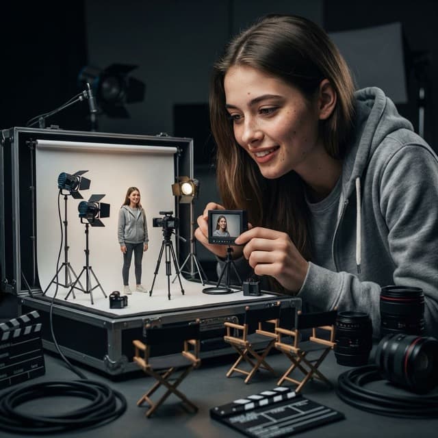 Woman Supervising Miniature Film Set with Tiny Self