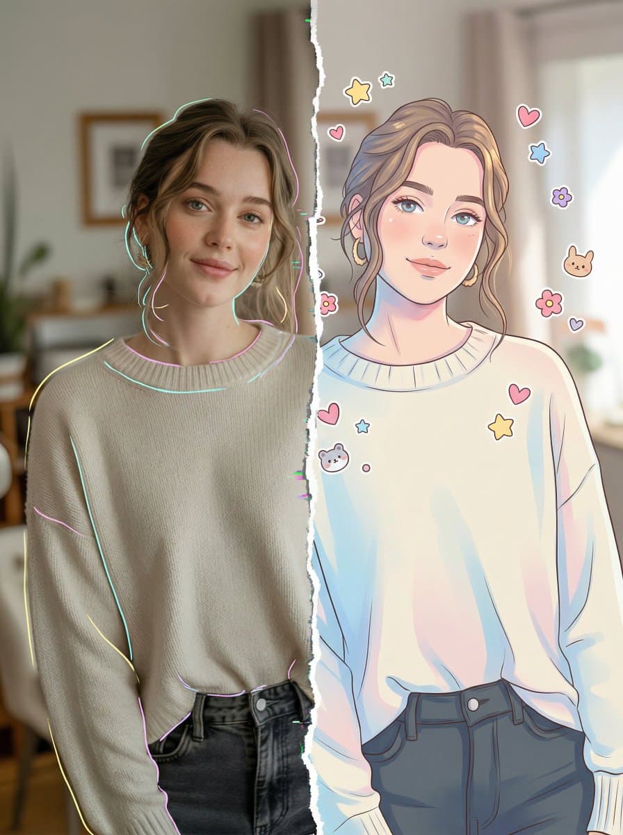 Split-Style Portrait: Realistic Photo vs. Digital Illustrati
