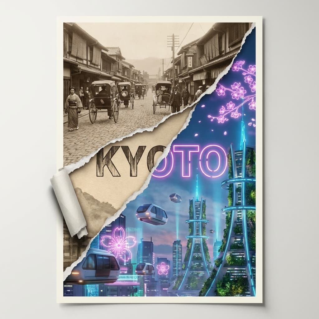 Kyoto Through Time: Torn Poster of Past and Future