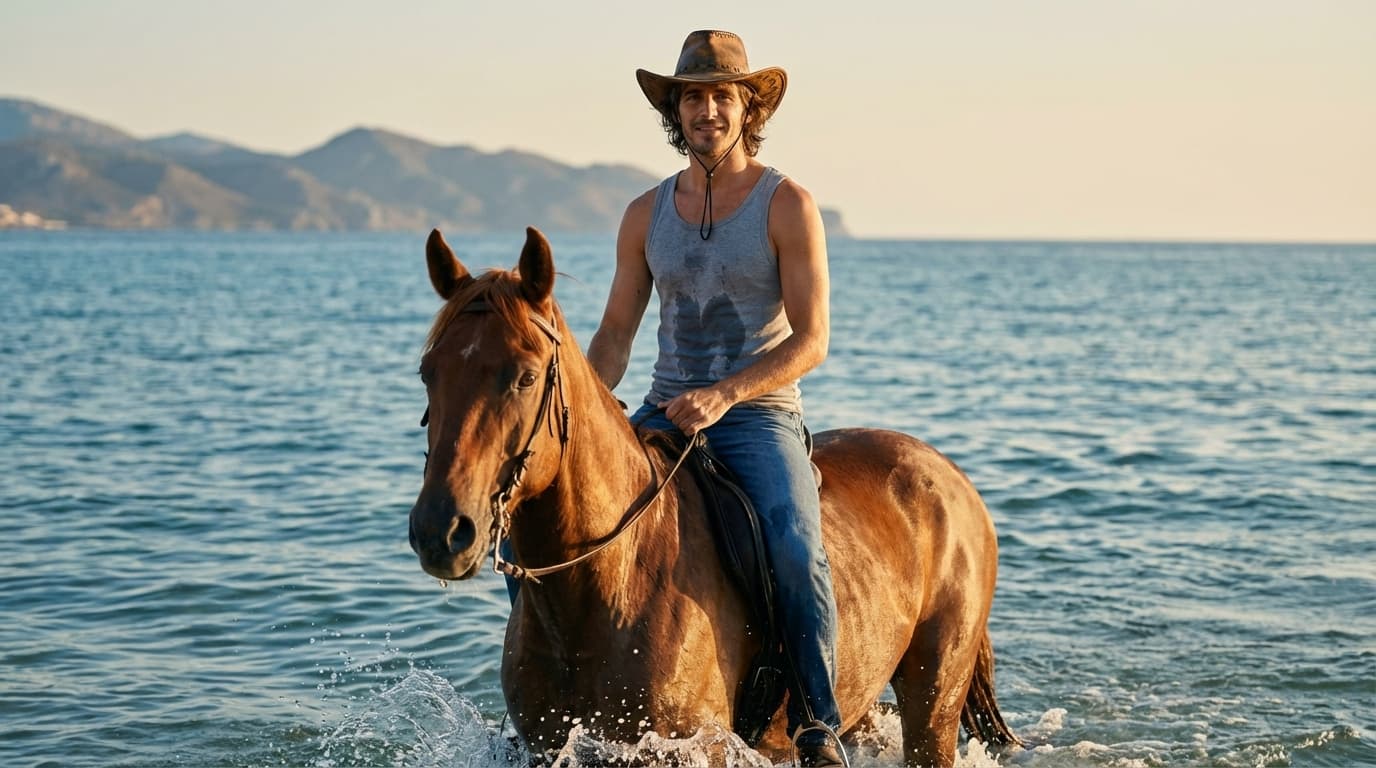 Man on Horseback in Shallow Waters