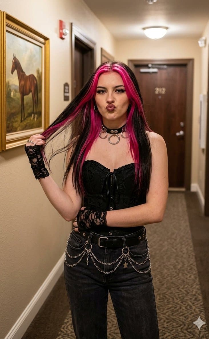 Young Woman Posing with Pink Highlights in Hallway