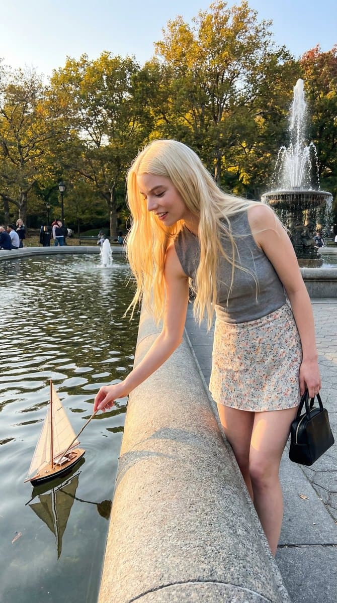 Young Woman Interacting with Sailboats in Park Fountain