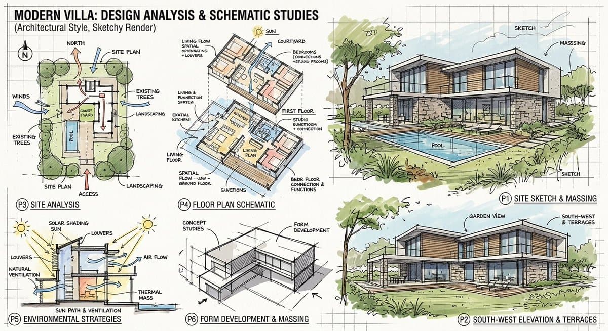 Modern Villa Sketchy Analysis Renders