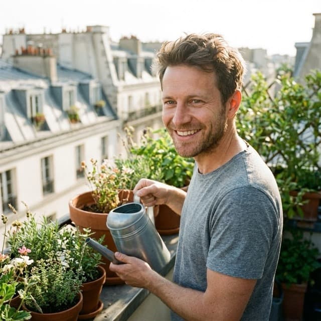 Morning Balcony Plant Watering Portrait