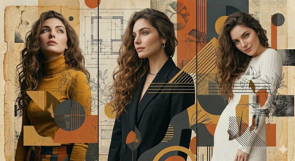 Three-Panel Portrait with Abstract Mixed-Media Collage