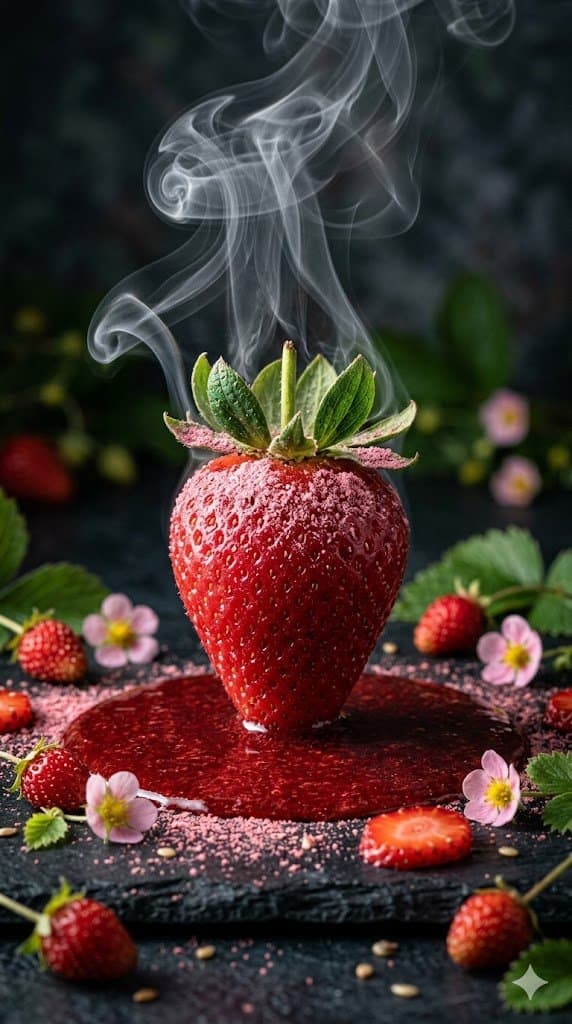 Dramatic Macro Strawberry with Steam and Syrup