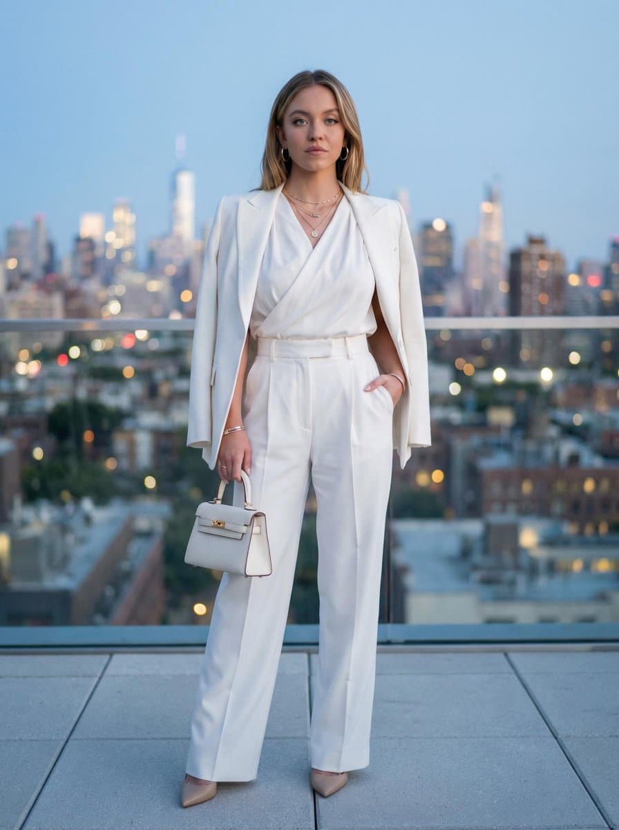 Monochromatic White Outfit on Rooftop at Dusk