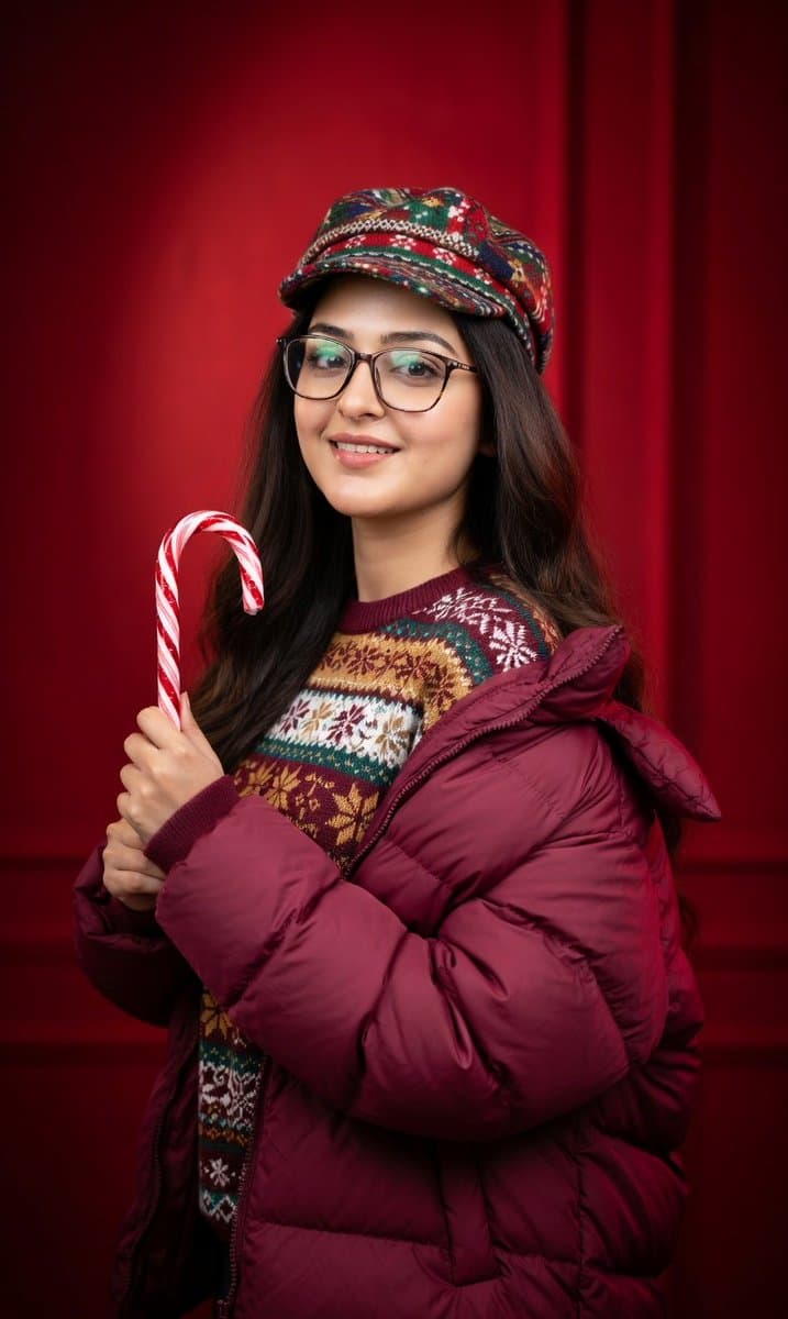 Studio Portrait with Red Gradient and Puffer Jacket