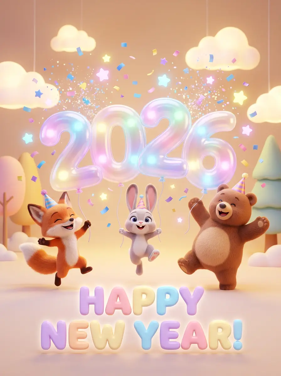 3D Animal Characters New Year Greeting Card
