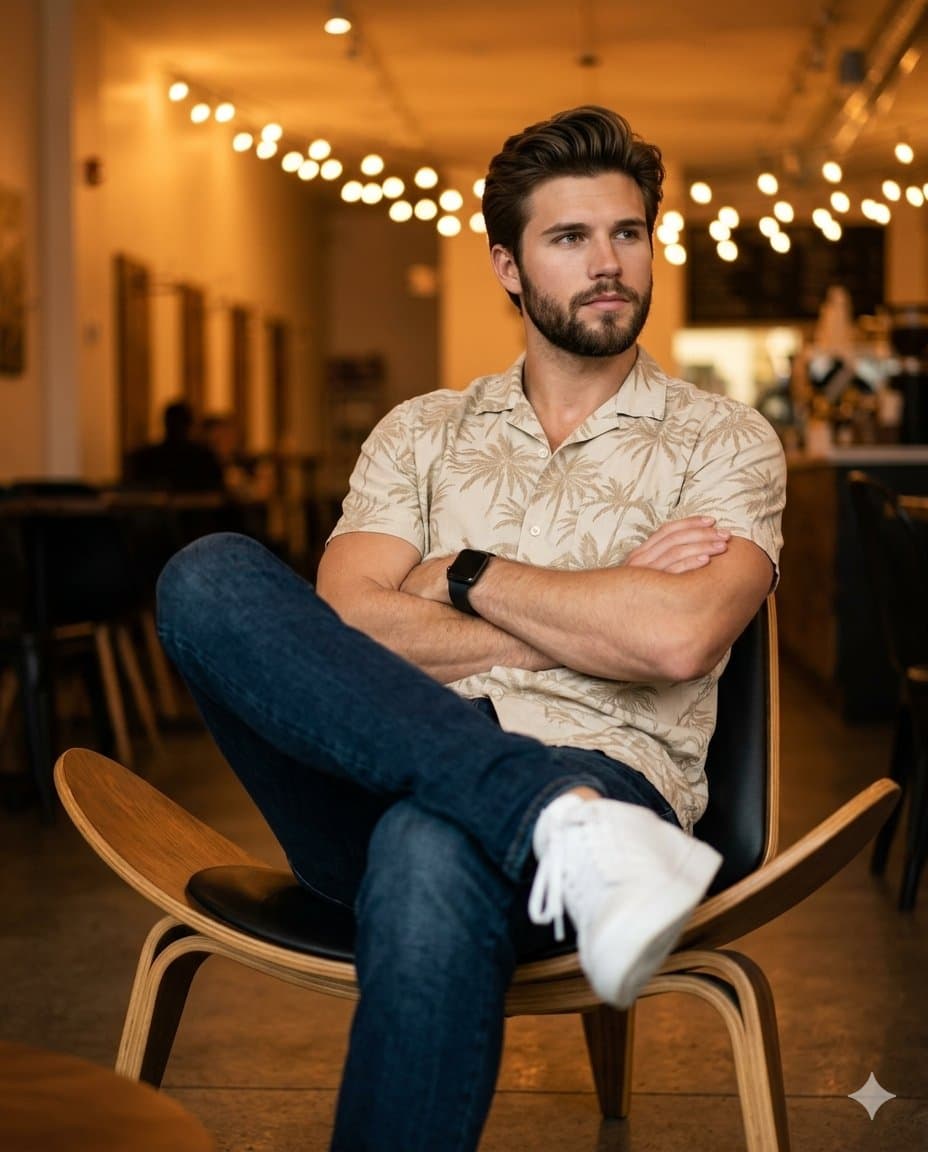 Ultra-realistic portrait of a man in a cafe