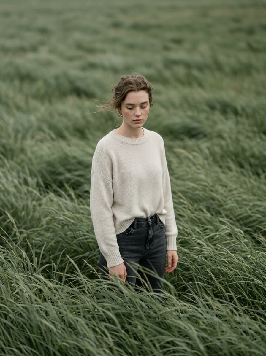 Cinematic Portrait in Sage-Green Field