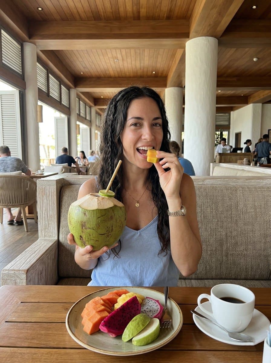Woman at Resort Restaurant with Tropical Fruit
