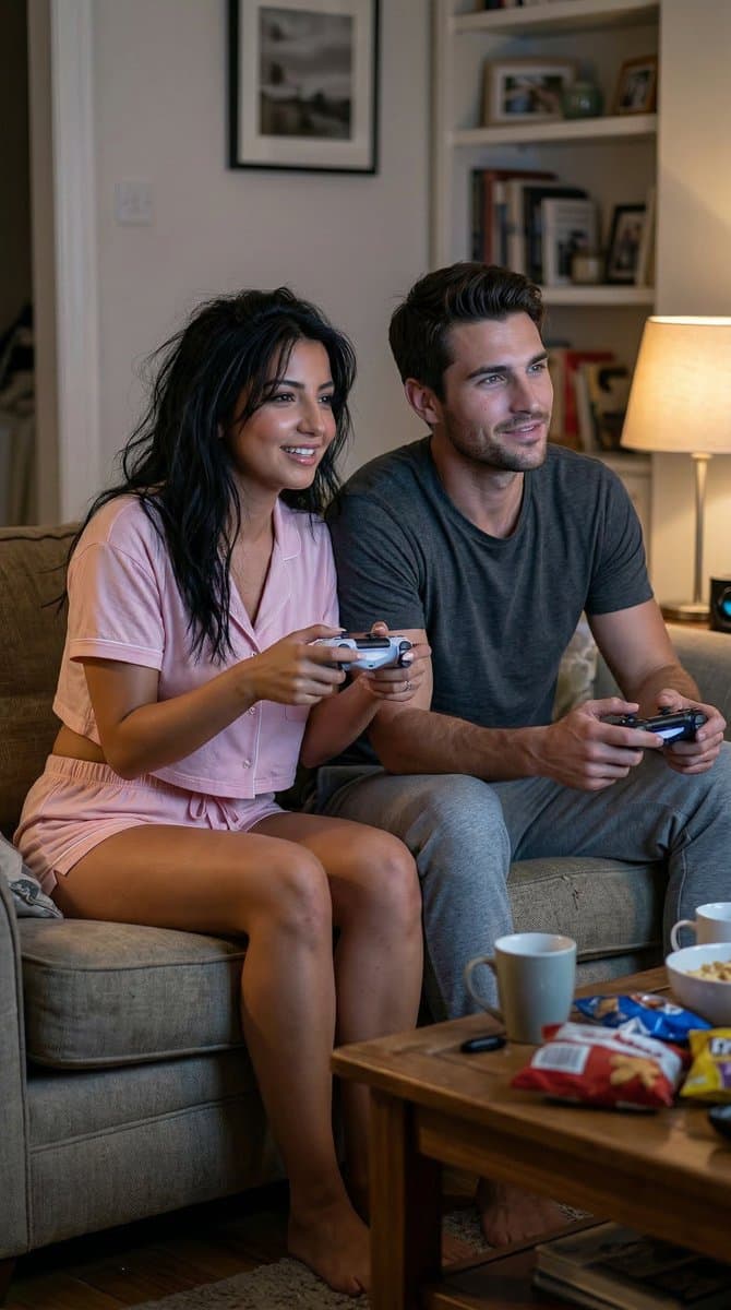 Candid Couple Playing Video Games at Home